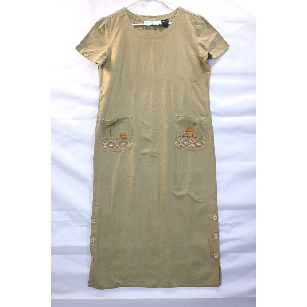 Island Influences Linen Cotton Blend Dress Size 8 Beige Embroidered Pockets